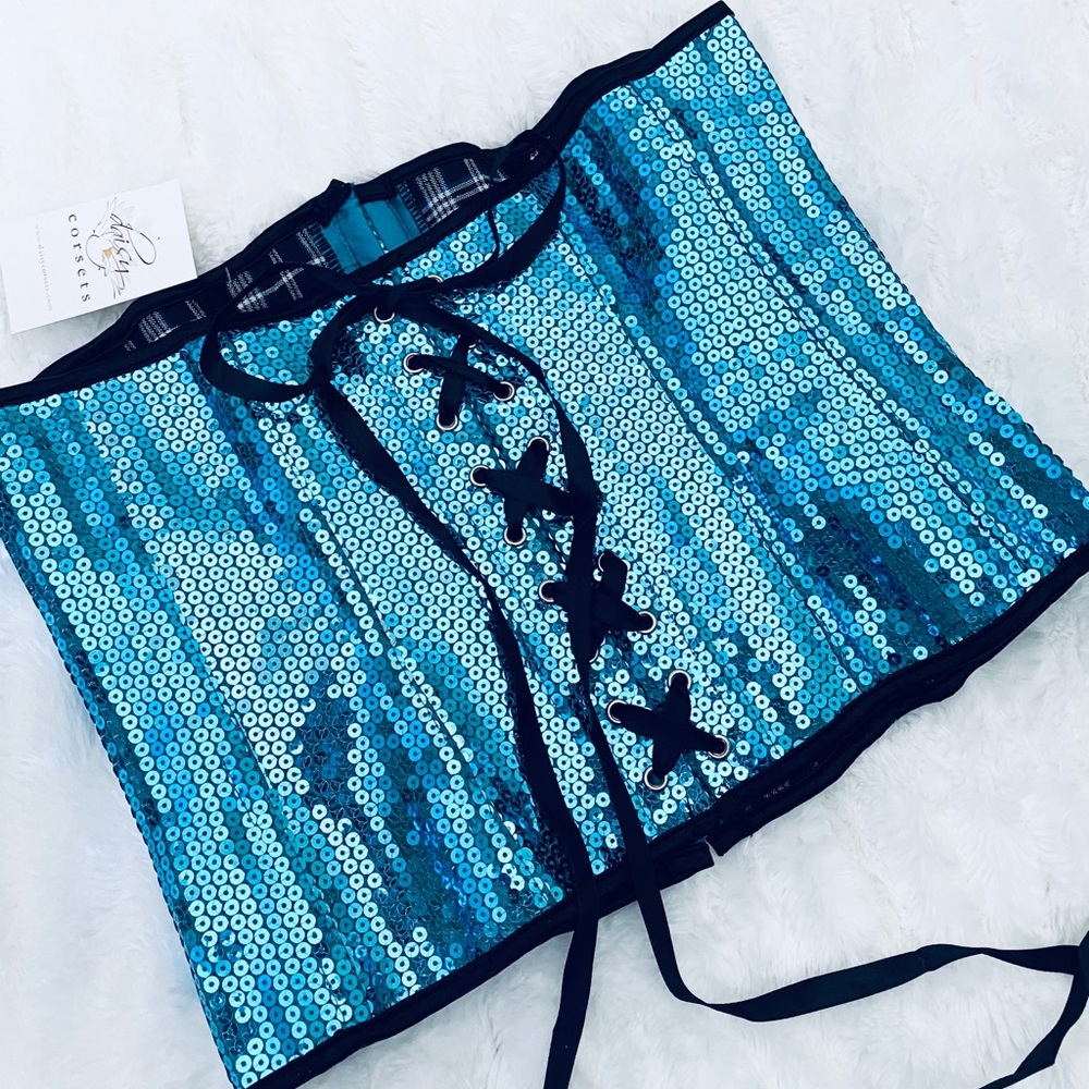 Blue Sequin Lace-Up Bustier Top